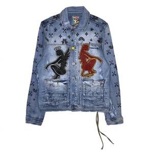 NEW CAST IRON men's mushroom angel vs devil denim jacket in indigo